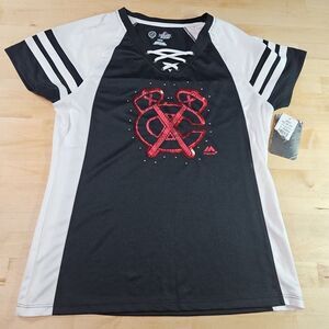 Chicago Blackhawks Womens Shirt Large Black Red Logo Criss Cross Neck Majestic